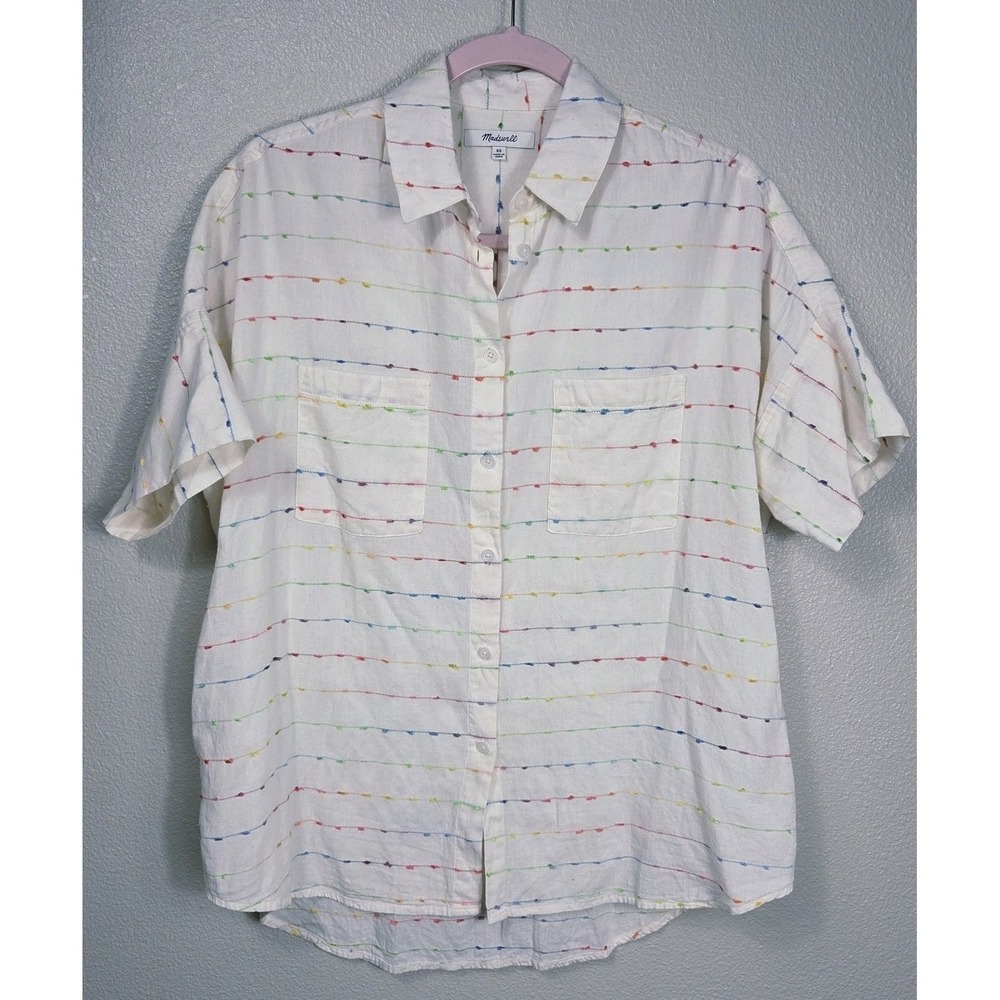 Madewell Courier Button Back Shirt‎ Women XS Rainbow Stripe Oversized Cotton